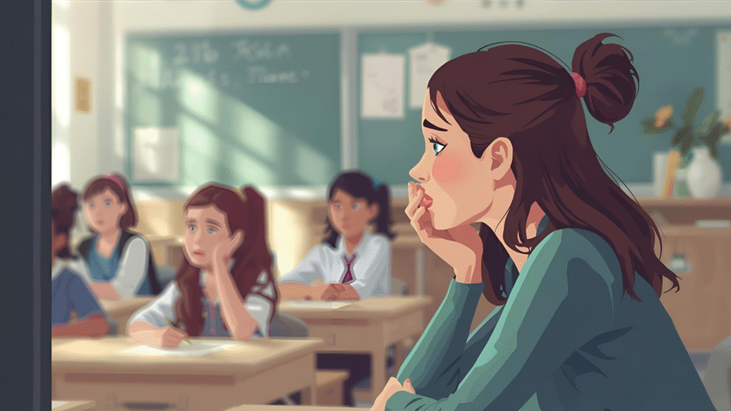 教室で忙しそうに子どもたちを見守る女性教師。張り詰めた雰囲気の教室。