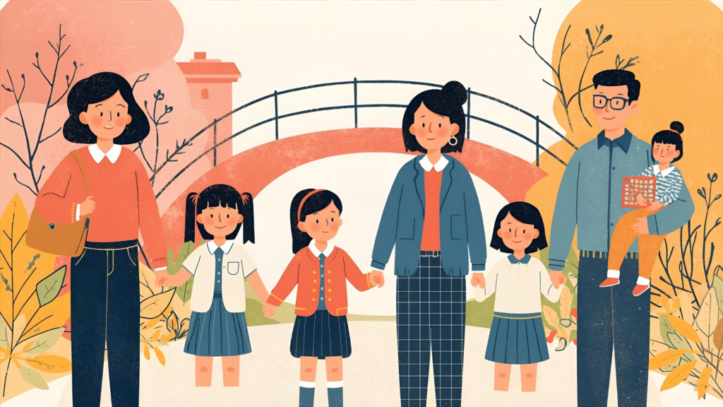 先生・子ども・保護者が手を取り合い、家庭と学校をつなぐ架け橋を渡っているイラスト