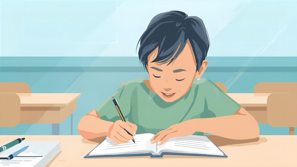 机に座った小学生がノートに書いている姿