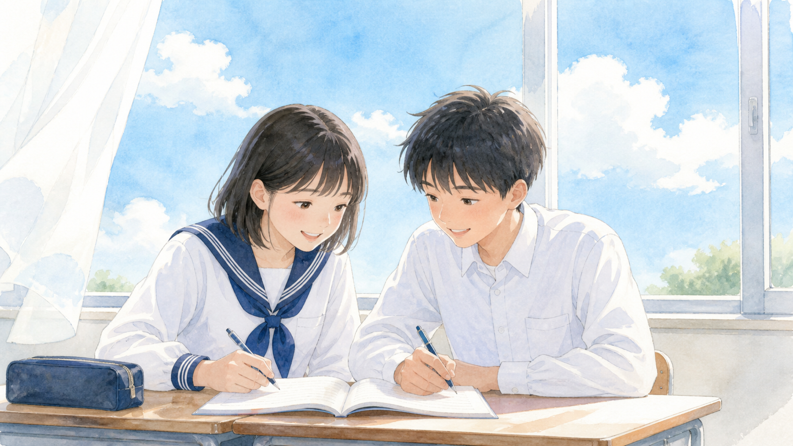 教室でノートに書き込む中学生のイラスト